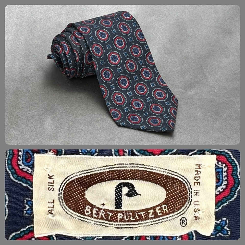 Bert Pulitzer Vintage 90's Silk Necktie Mens‎ Geometric Navy Maroon USA Work Tie
